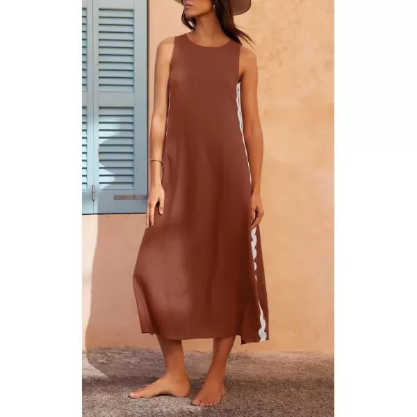 chouyatou Womens Summer Boho Casual Sleeveless Beach Dress Long Side Slit RIC Rac Maxi SundressBrown