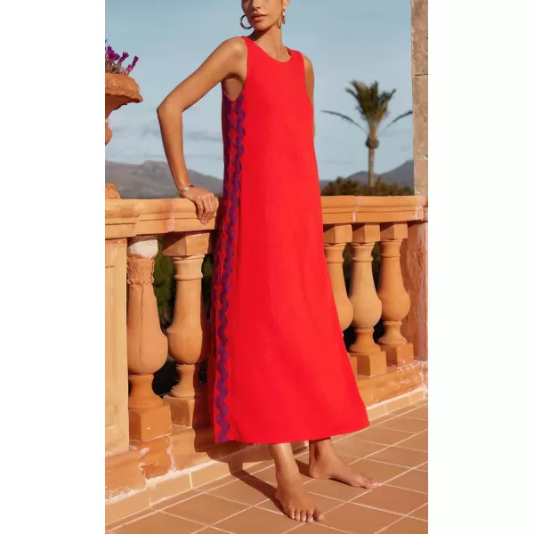 chouyatou Womens Summer Boho Casual Sleeveless Beach Dress Long Side Slit RIC Rac Maxi SundressRed
