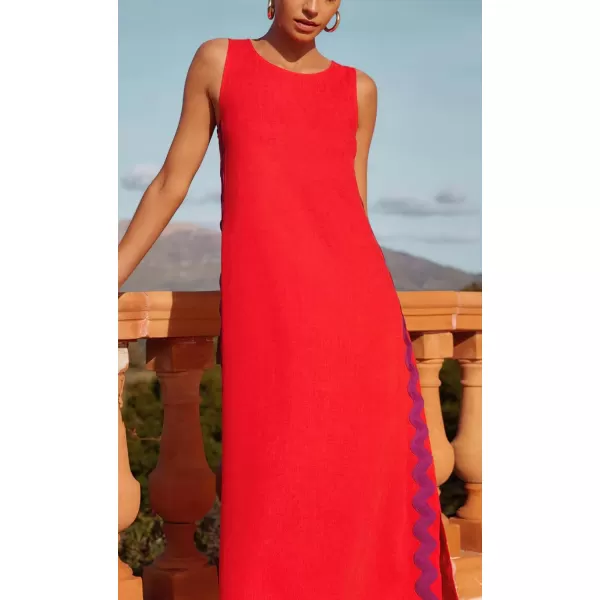 chouyatou Womens Summer Boho Casual Sleeveless Beach Dress Long Side Slit RIC Rac Maxi SundressRed