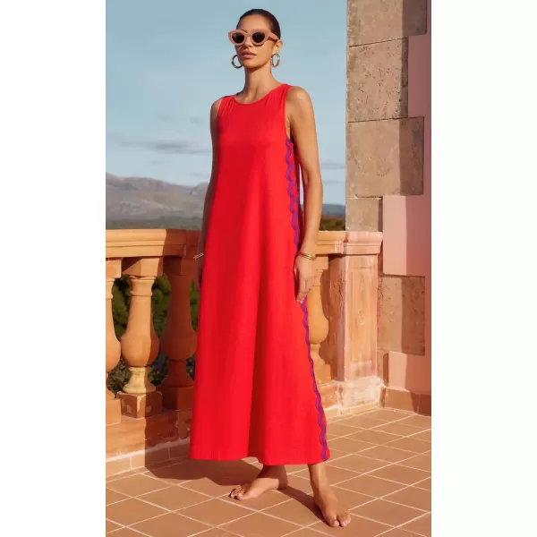 chouyatou Womens Summer Boho Casual Sleeveless Beach Dress Long Side Slit RIC Rac Maxi SundressRed