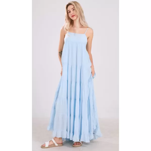 chouyatou Womens Summer Boho Flowy Spaghetti Strap Maxi Dress Smocked Back Casual Swing Beach SundressLight Blue