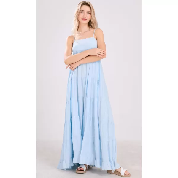 chouyatou Womens Summer Boho Flowy Spaghetti Strap Maxi Dress Smocked Back Casual Swing Beach SundressLight Blue