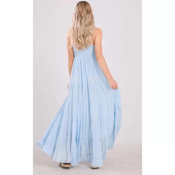 chouyatou Womens Summer Boho Flowy Spaghetti Strap Maxi Dress Smocked Back Casual Swing Beach SundressLight Blue