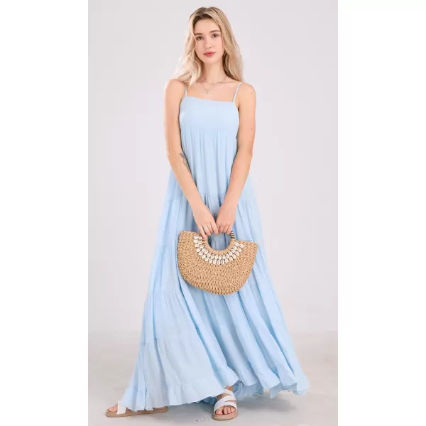 chouyatou Womens Summer Boho Flowy Spaghetti Strap Maxi Dress Smocked Back Casual Swing Beach SundressLight Blue