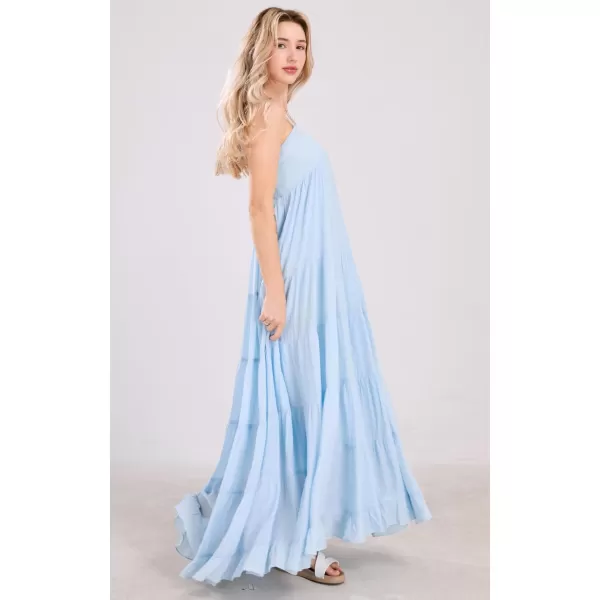 chouyatou Womens Summer Boho Flowy Spaghetti Strap Maxi Dress Smocked Back Casual Swing Beach SundressLight Blue