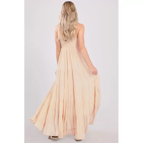 chouyatou Womens Summer Boho Flowy Spaghetti Strap Maxi Dress Smocked Back Casual Swing Beach SundressPinkish Apricot