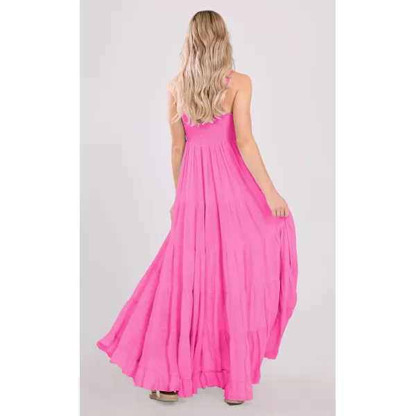 chouyatou Womens Summer Boho Flowy Spaghetti Strap Maxi Dress Smocked Back Casual Swing Beach SundressRose Pink