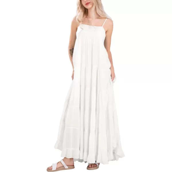 chouyatou Womens Summer Boho Flowy Spaghetti Strap Maxi Dress Smocked Back Casual Swing Beach SundressWhite