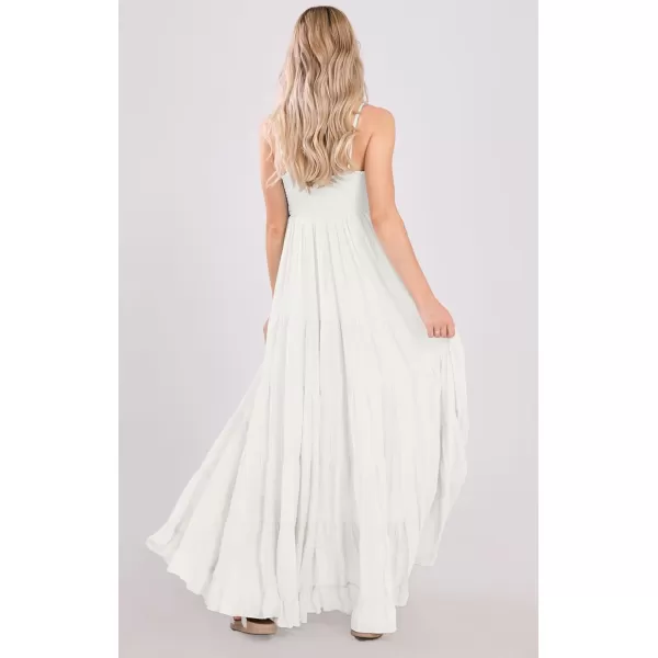 chouyatou Womens Summer Boho Flowy Spaghetti Strap Maxi Dress Smocked Back Casual Swing Beach SundressWhite