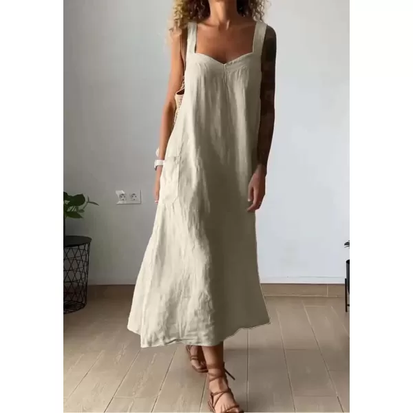 chouyatou Womens Summer Spaghetti Strap Sleeveless Linen Overall Dress Casual ALine Midi Long Beach DressApricot