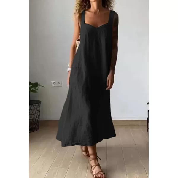 chouyatou Womens Summer Spaghetti Strap Sleeveless Linen Overall Dress Casual ALine Midi Long Beach DressBlack