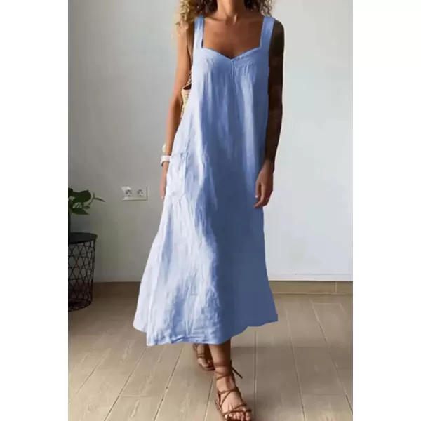 chouyatou Womens Summer Spaghetti Strap Sleeveless Linen Overall Dress Casual ALine Midi Long Beach DressBlue