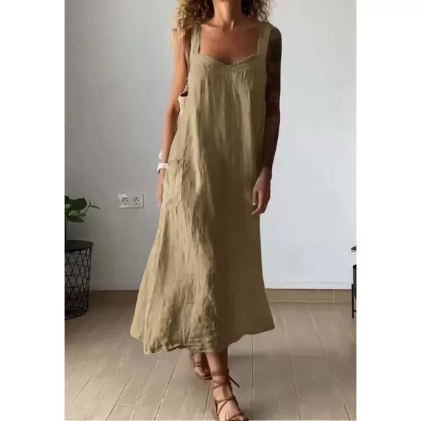 chouyatou Womens Summer Spaghetti Strap Sleeveless Linen Overall Dress Casual ALine Midi Long Beach DressKhaki