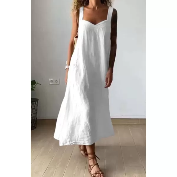 chouyatou Womens Summer Spaghetti Strap Sleeveless Linen Overall Dress Casual ALine Midi Long Beach DressWhite