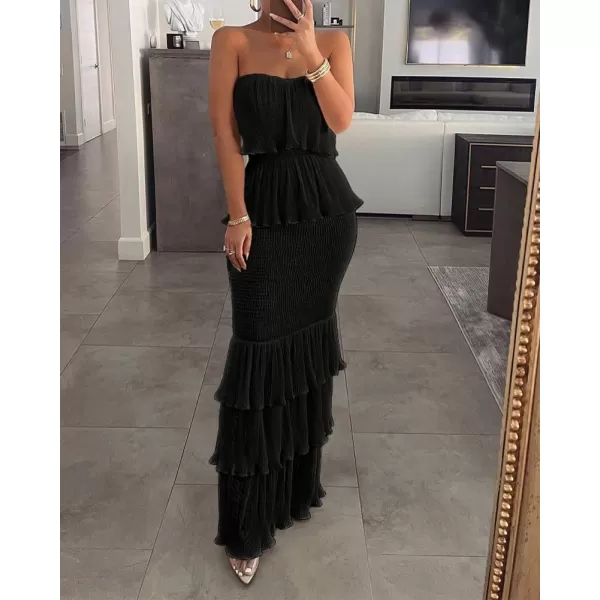 chouyatou Womens Sweet Ruffle Smocked Bodycon Maxi Dress Shirred Package Hip Mermaid Bandeau DressBlack