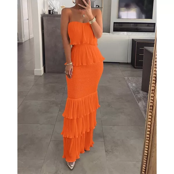 chouyatou Womens Sweet Ruffle Smocked Bodycon Maxi Dress Shirred Package Hip Mermaid Bandeau DressOrange