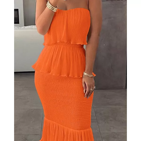 chouyatou Womens Sweet Ruffle Smocked Bodycon Maxi Dress Shirred Package Hip Mermaid Bandeau DressOrange