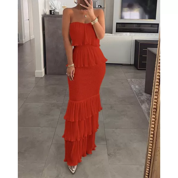 chouyatou Womens Sweet Ruffle Smocked Bodycon Maxi Dress Shirred Package Hip Mermaid Bandeau DressRed