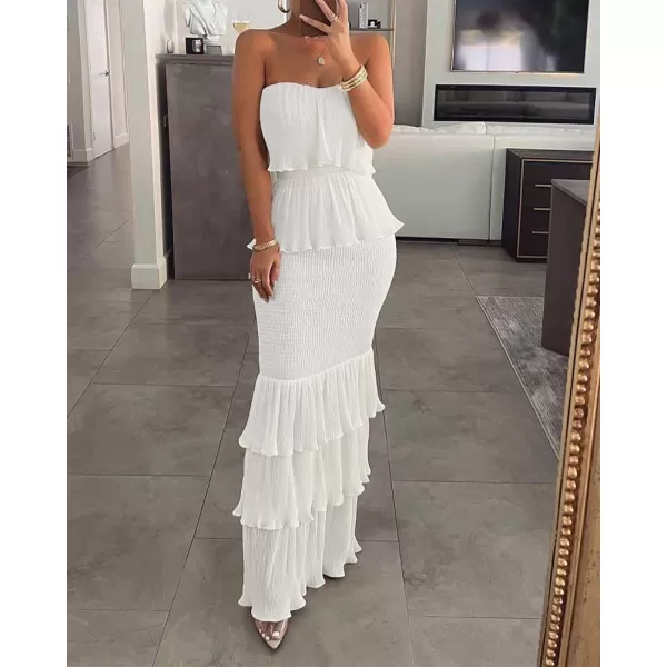 chouyatou Womens Sweet Ruffle Smocked Bodycon Maxi Dress Shirred Package Hip Mermaid Bandeau DressWhite