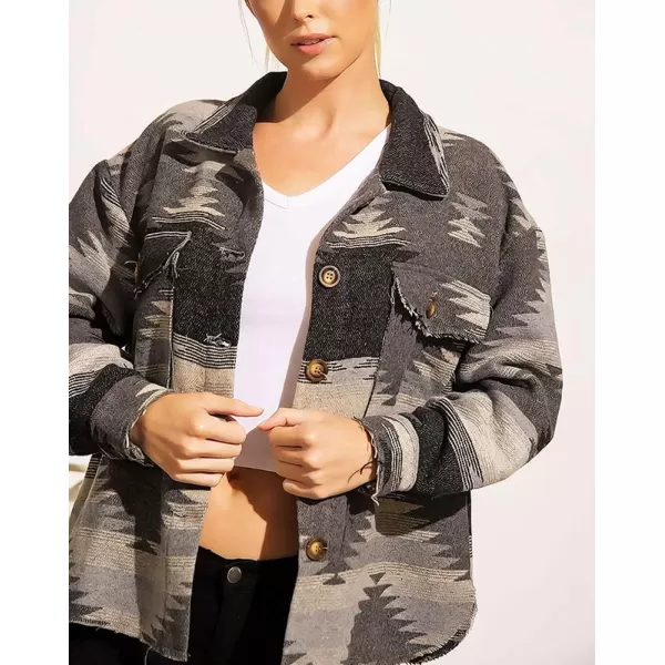 chouyatou Womens Tribal Aztec Pattern Button Down Trucker Shirt Jacket Shacket CoatBlack