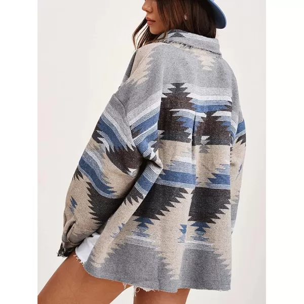 chouyatou Womens Tribal Aztec Pattern Button Down Trucker Shirt Jacket Shacket CoatBlue