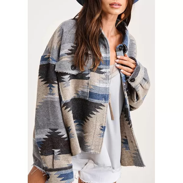 chouyatou Womens Tribal Aztec Pattern Button Down Trucker Shirt Jacket Shacket CoatBlue