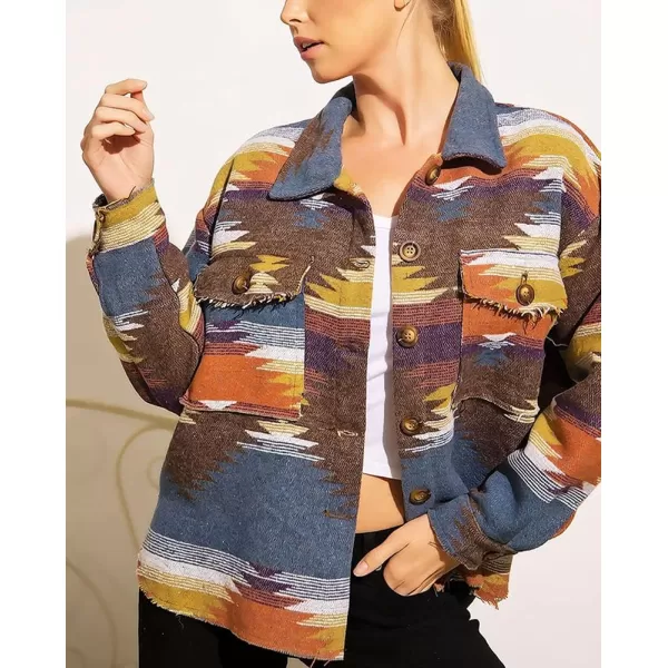 chouyatou Womens Tribal Aztec Pattern Button Down Trucker Shirt Jacket Shacket CoatCoffee