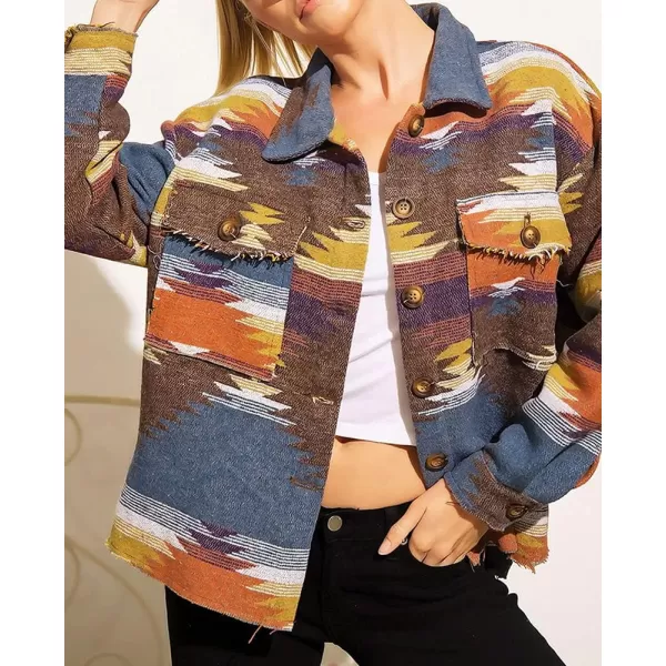 chouyatou Womens Tribal Aztec Pattern Button Down Trucker Shirt Jacket Shacket CoatCoffee