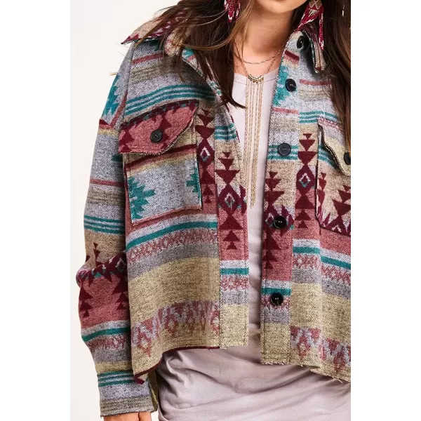 chouyatou Womens Tribal Aztec Pattern Button Down Trucker Shirt Jacket Shacket CoatGreen