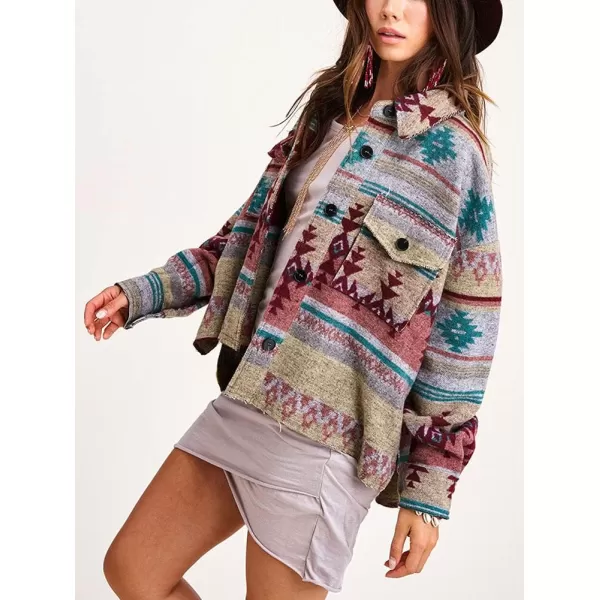 chouyatou Womens Tribal Aztec Pattern Button Down Trucker Shirt Jacket Shacket CoatGreen