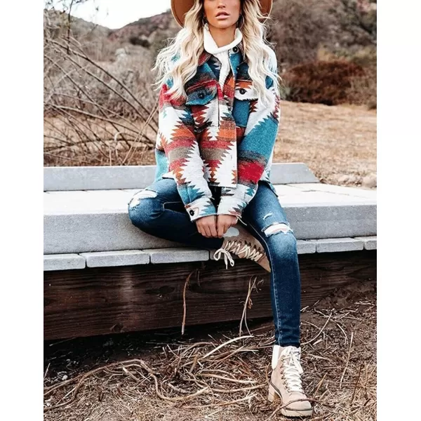 chouyatou Womens Tribal Aztec Pattern Button Down Trucker Shirt Jacket Shacket CoatOrange Blue