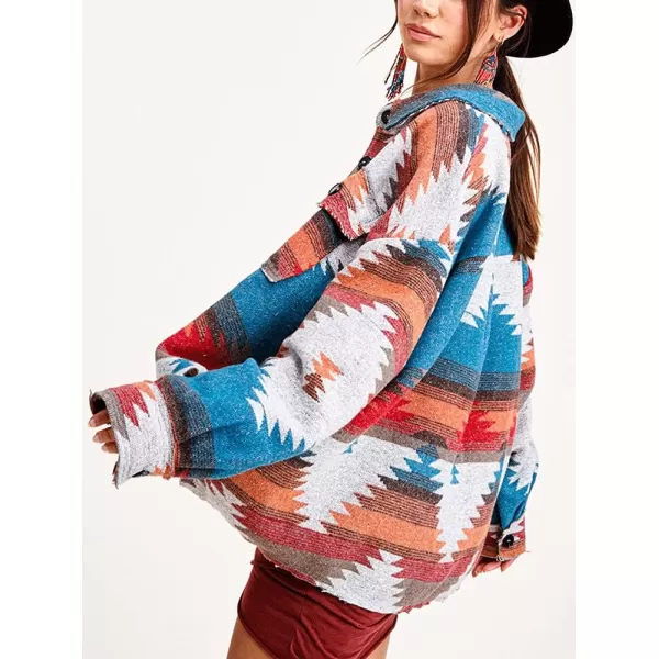 chouyatou Womens Tribal Aztec Pattern Button Down Trucker Shirt Jacket Shacket CoatOrange Blue