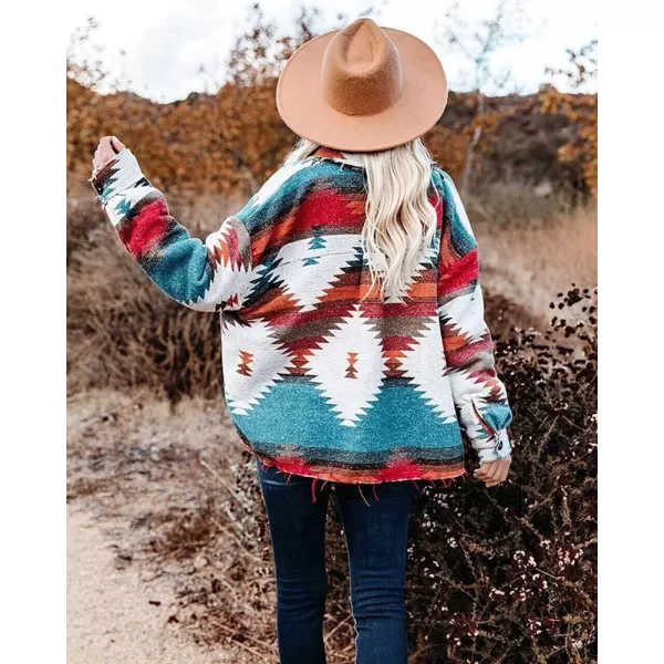 chouyatou Womens Tribal Aztec Pattern Button Down Trucker Shirt Jacket Shacket CoatOrange Blue