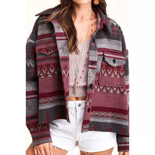 chouyatou Womens Tribal Aztec Pattern Button Down Trucker Shirt Jacket Shacket CoatPink