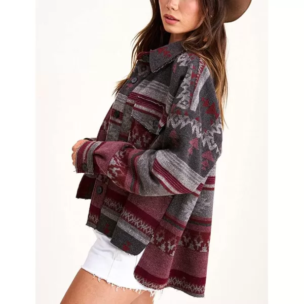 chouyatou Womens Tribal Aztec Pattern Button Down Trucker Shirt Jacket Shacket CoatPink