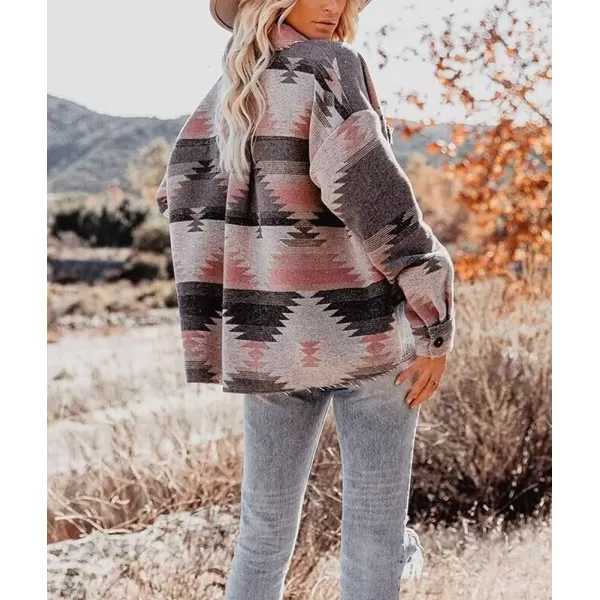 chouyatou Womens Tribal Aztec Pattern Button Down Trucker Shirt Jacket Shacket CoatPink Grey