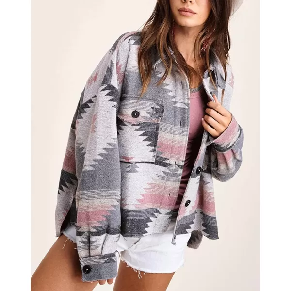 chouyatou Womens Tribal Aztec Pattern Button Down Trucker Shirt Jacket Shacket CoatPink Grey