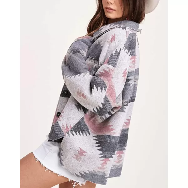 chouyatou Womens Tribal Aztec Pattern Button Down Trucker Shirt Jacket Shacket CoatPink Grey