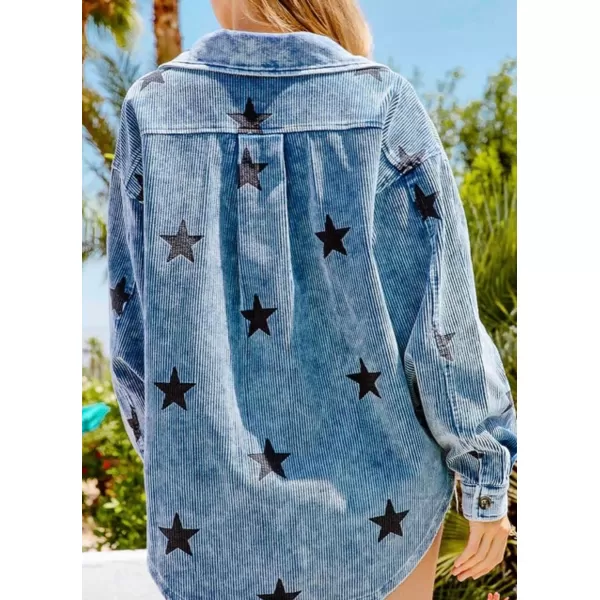 chouyatou Womens Vintage Button Down Corduroy Jacket Cute Star Print Casual Loose Jacket Shacket with PocketsBlue