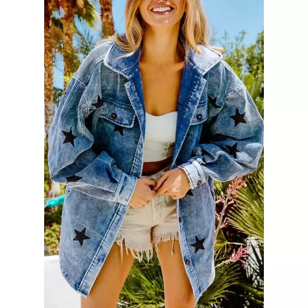 chouyatou Womens Vintage Button Down Corduroy Jacket Cute Star Print Casual Loose Jacket Shacket with PocketsBlue
