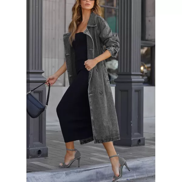 chouyatou Womens Vintage Midi Long Jean Jacket Loose Fit Double Breasted Denim Jacket Trench Coat with BeltBlack