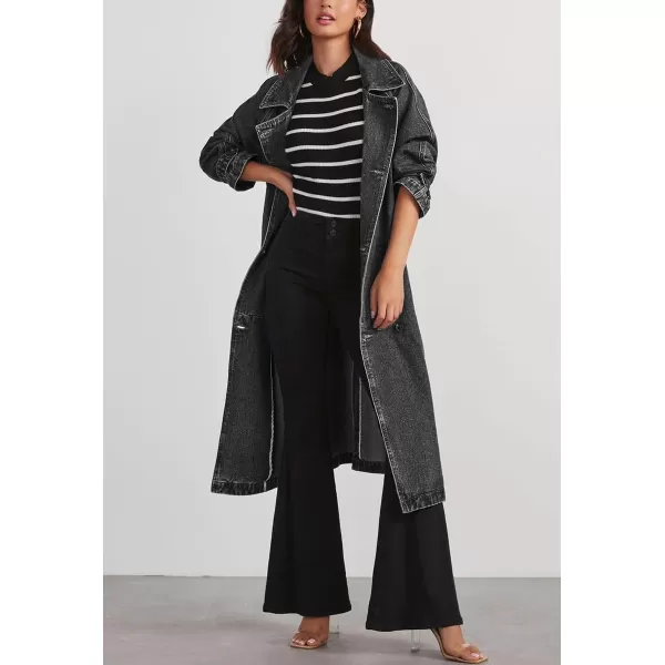 chouyatou Womens Vintage Midi Long Jean Jacket Loose Fit Double Breasted Denim Jacket Trench Coat with BeltBlack