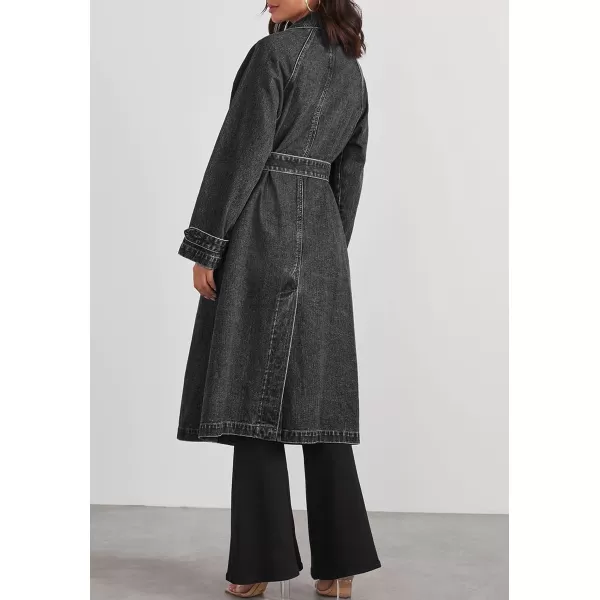chouyatou Womens Vintage Midi Long Jean Jacket Loose Fit Double Breasted Denim Jacket Trench Coat with BeltBlack