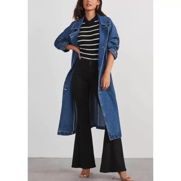 chouyatou Womens Vintage Midi Long Jean Jacket Loose Fit Double Breasted Denim Jacket Trench Coat with BeltDenim Blue