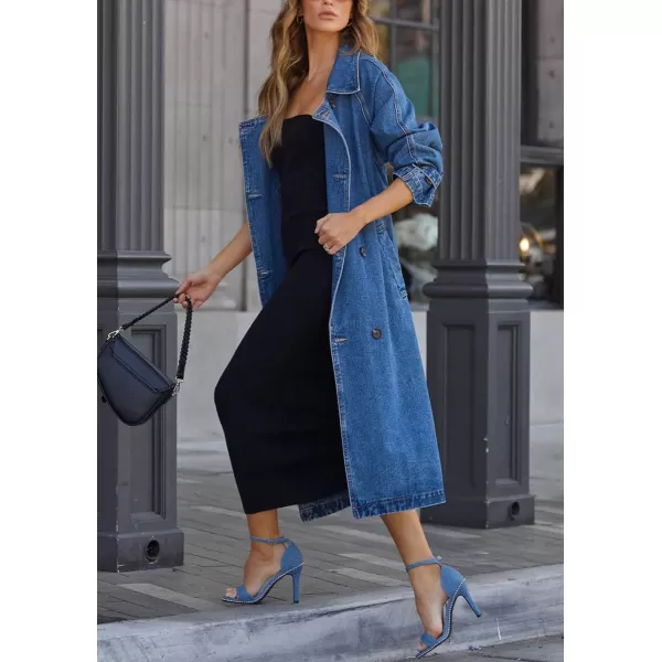 chouyatou Womens Vintage Midi Long Jean Jacket Loose Fit Double Breasted Denim Jacket Trench Coat with BeltDenim Blue