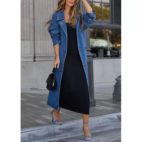 chouyatou Womens Vintage Midi Long Jean Jacket Loose Fit Double Breasted Denim Jacket Trench Coat with BeltDenim Blue