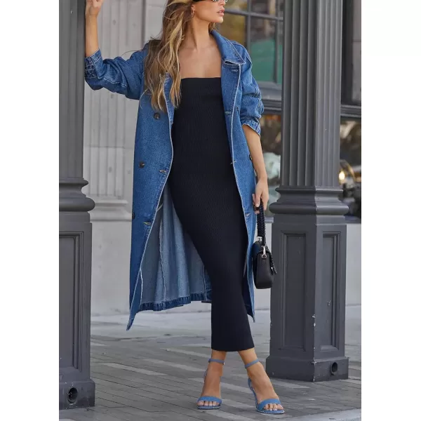chouyatou Womens Vintage Midi Long Jean Jacket Loose Fit Double Breasted Denim Jacket Trench Coat with BeltDenim Blue