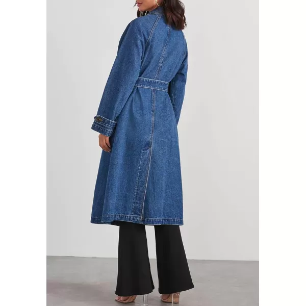 chouyatou Womens Vintage Midi Long Jean Jacket Loose Fit Double Breasted Denim Jacket Trench Coat with BeltDenim Blue