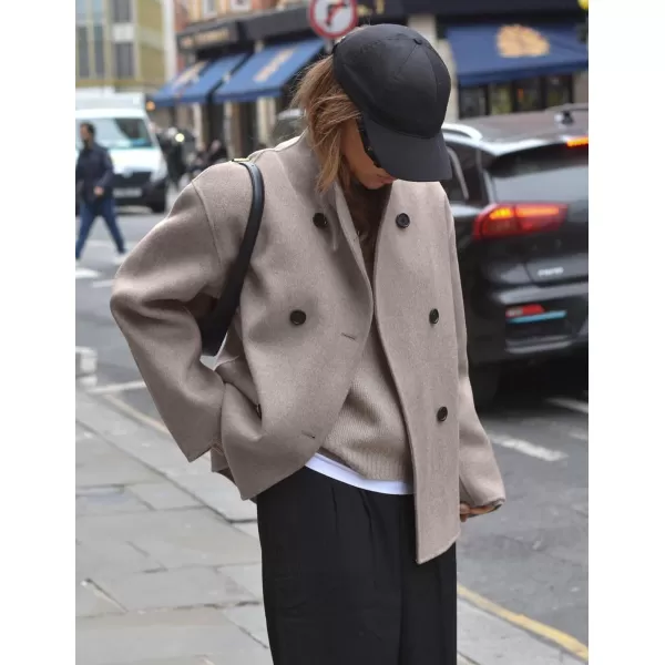 chouyatou Womens Winter Double Breasted Wool Blazer Jacket Business Casual Short Wool Pea CoatKhaki
