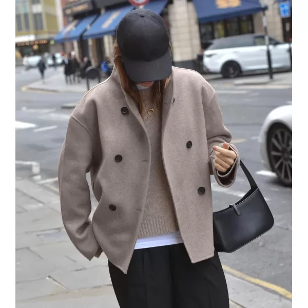 chouyatou Womens Winter Double Breasted Wool Blazer Jacket Business Casual Short Wool Pea CoatKhaki